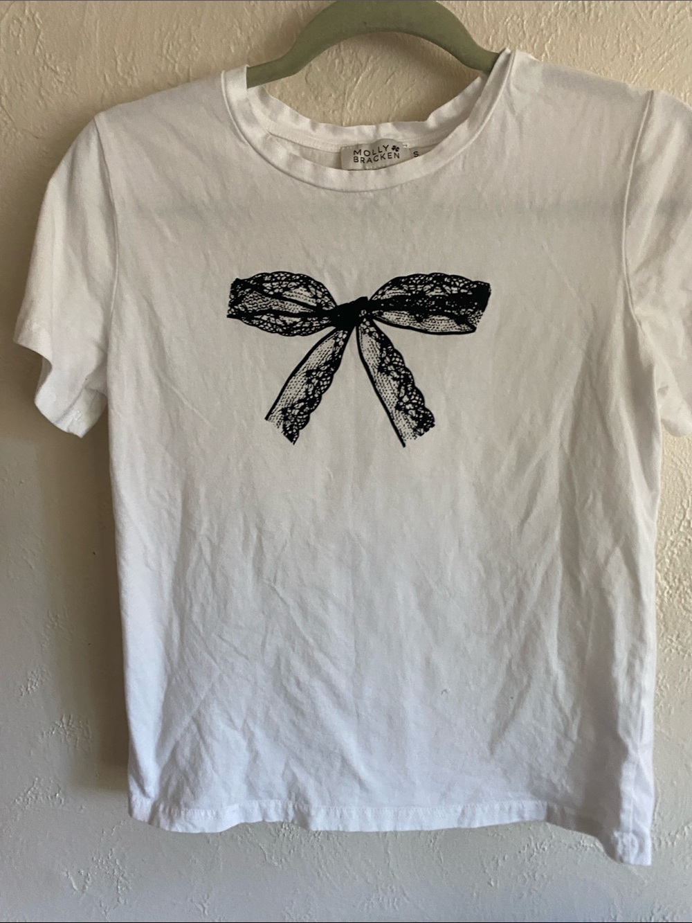 Molly Bracken White Tee with Black Lace Bow Print